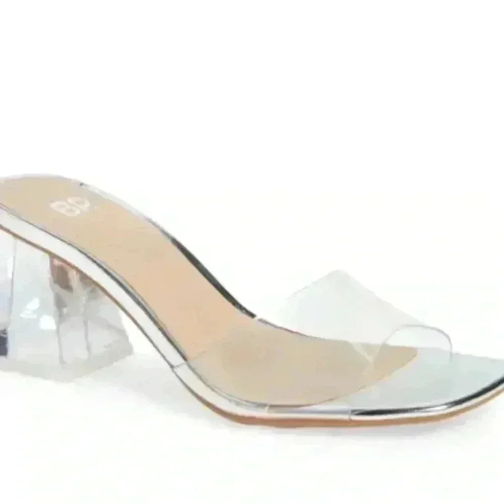 ❤️BP NWT Sun Drop Translucent Strap Block Heel Sandals 8.5 Silver